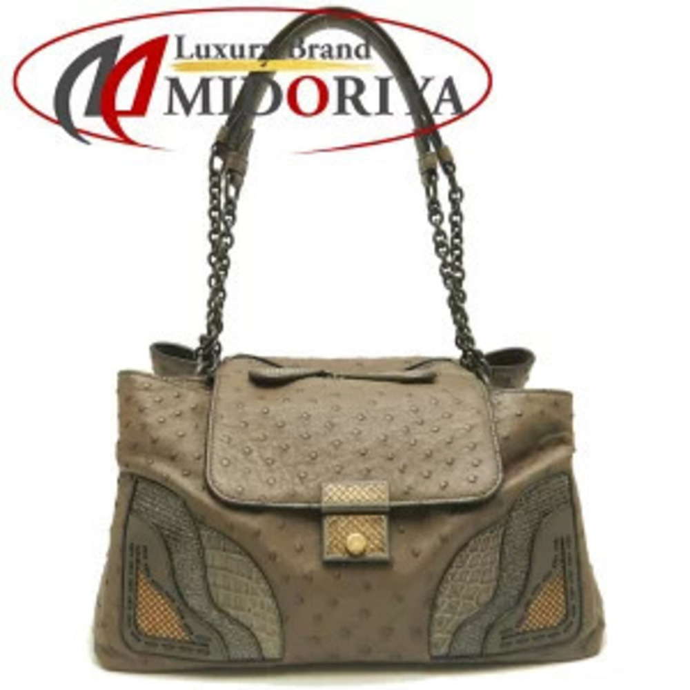 Bottega Veneta Ostrich Intrecciato Chain Shoulder Bag Leather Brown Tan
